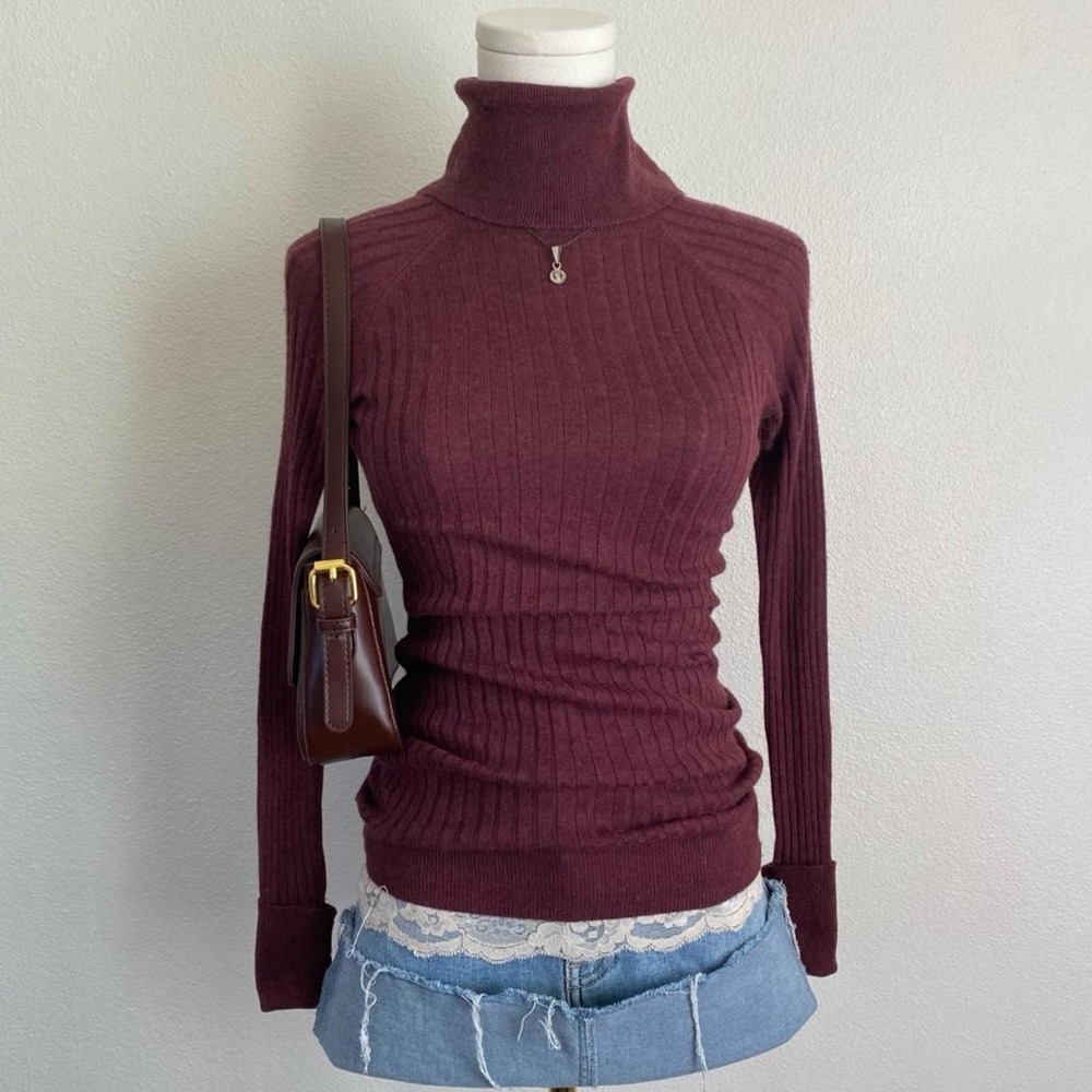 Y2K MOSSIMO Maroon Ribbed Turtleneck Long Sleeve Top Slim Fit Lightweight